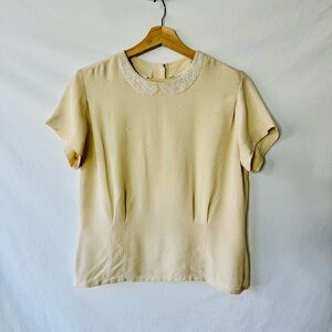 Vintage 100% Silk Anne Klein Ivory Blouse with Faux Bead Collar Fitted